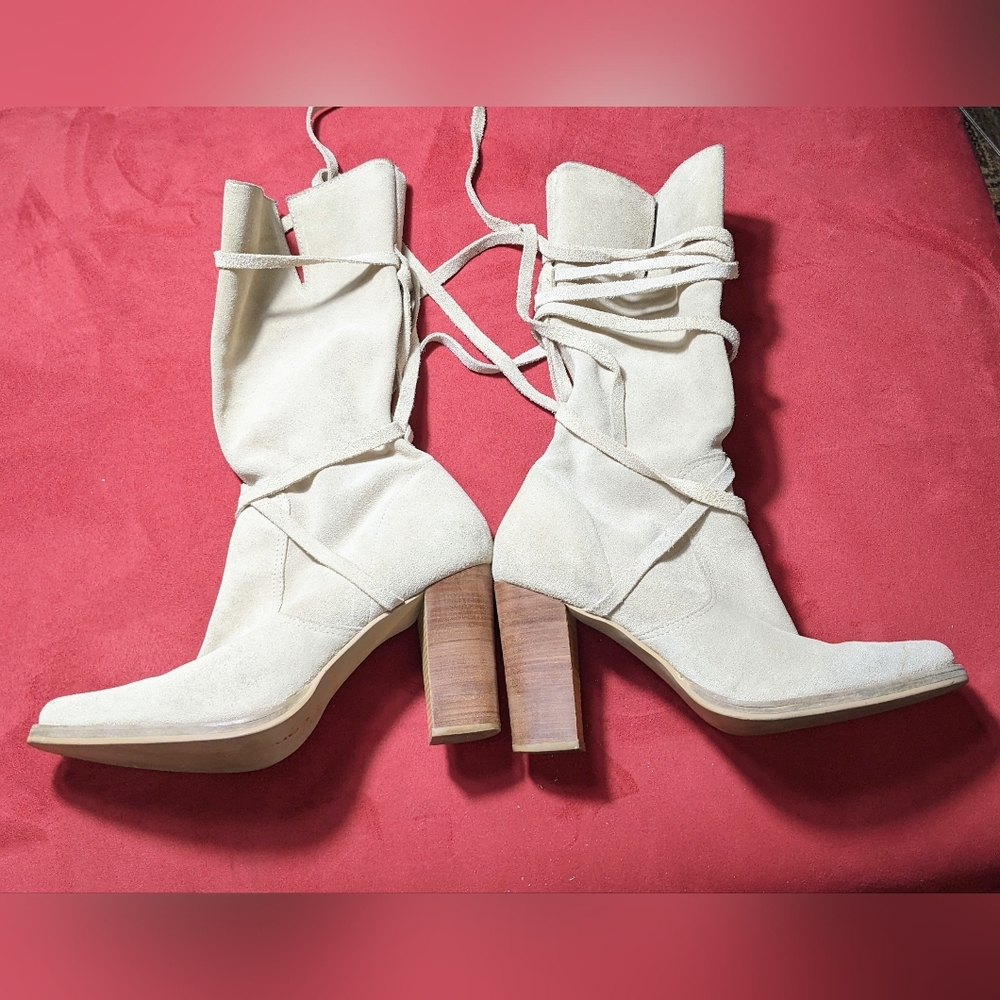 Women's CANDIE'S Cream Suede Heeled Boots, Suede Strap Wrap| Size‎ 9 - Picture 2 of 9